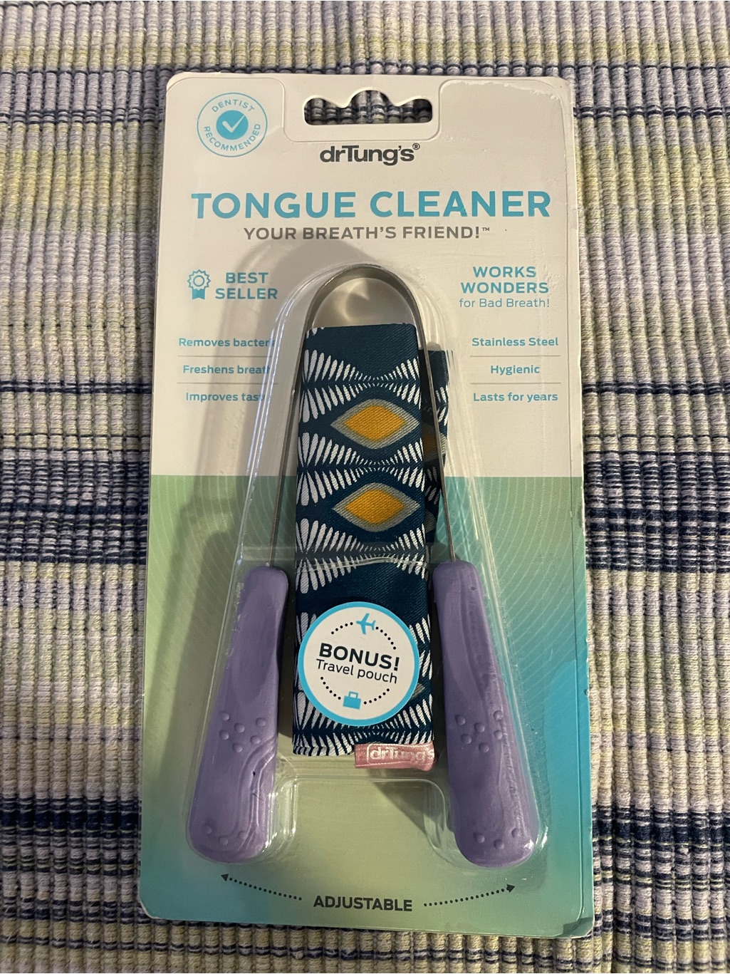 Drtung's Tongue Cleaner - Teal & Yellow Pattern With Lavender Handles